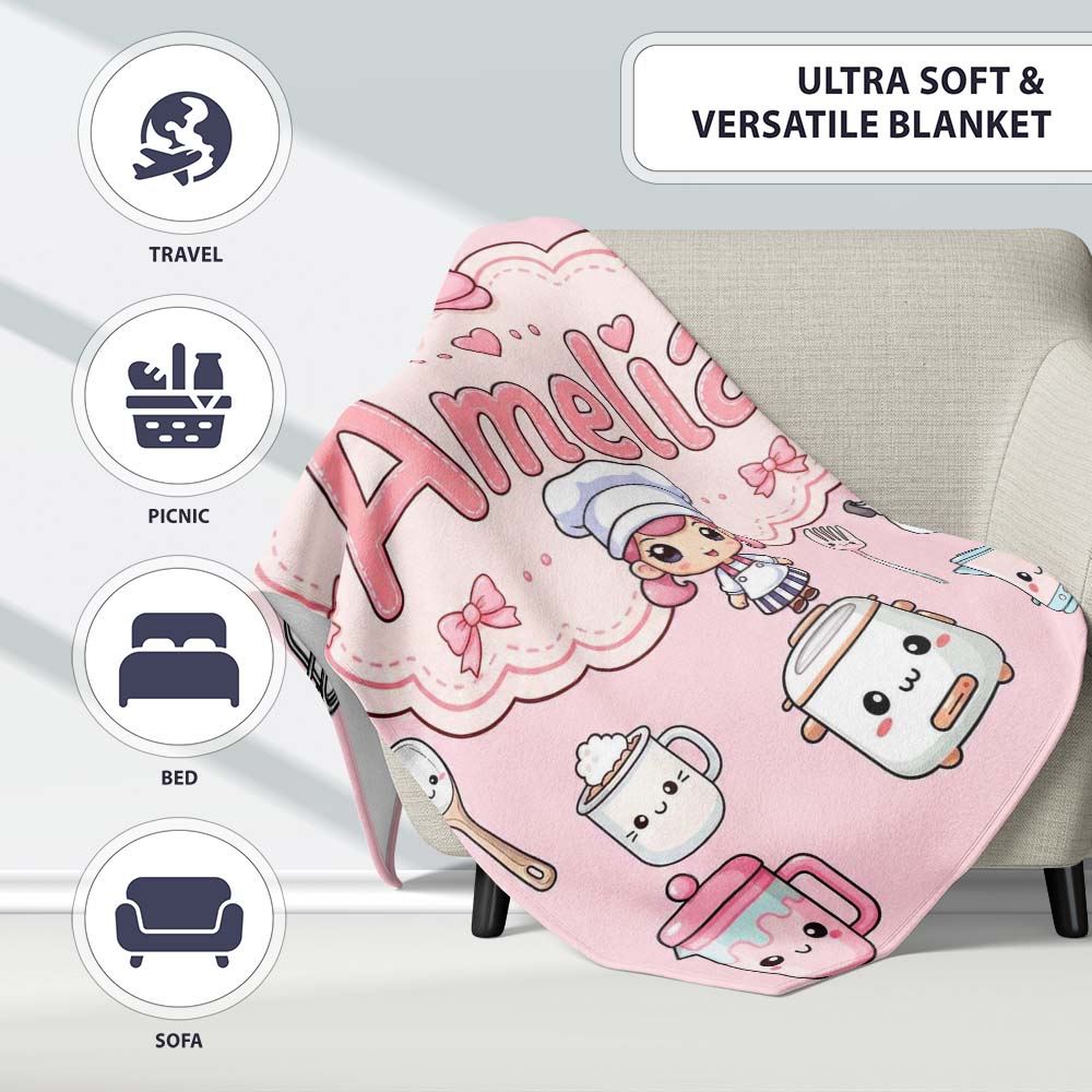 Kawaii  Chef Girl Cooking Utensils on Pink Seamless Pattern  Personalised Custom Name Super Soft Fleece Blanket Bed Sofa Throw