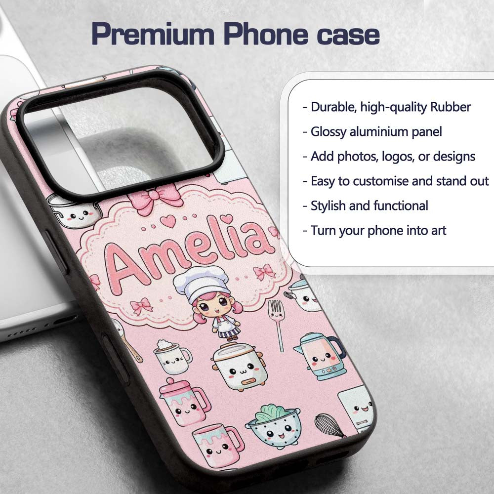 Kawaii Chef Girl Cooking Utensils Printed Design Custom Name Protective Phone Case Mobile Cover Durable Everyday Smartphone Shock Resistant