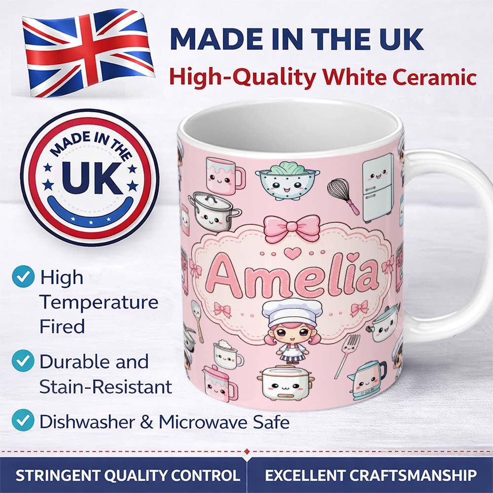 Personalized Custom Name Kawaii Kitchen Chef Girl Cooking Utensils on Pink Seamless Pattern 11oz Ceramic Coffee Tea Mug White Large Handle