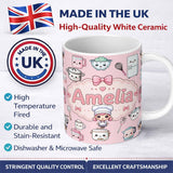 Personalized Custom Name Kawaii Kitchen Chef Girl Cooking Utensils on Pink Seamless Pattern 11oz Ceramic Coffee Tea Mug White Large Handle