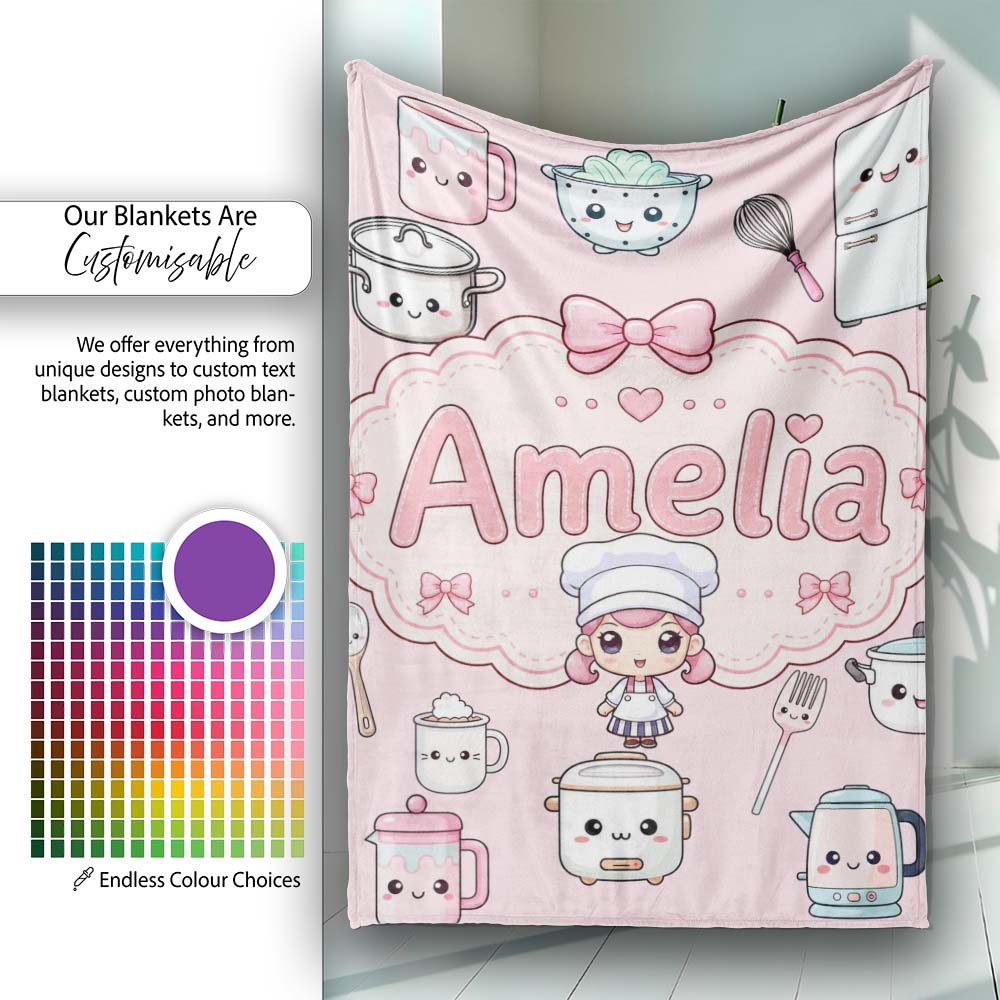 Kawaii  Chef Girl Cooking Utensils on Pink Seamless Pattern  Personalised Custom Name Super Soft Fleece Blanket Bed Sofa Throw