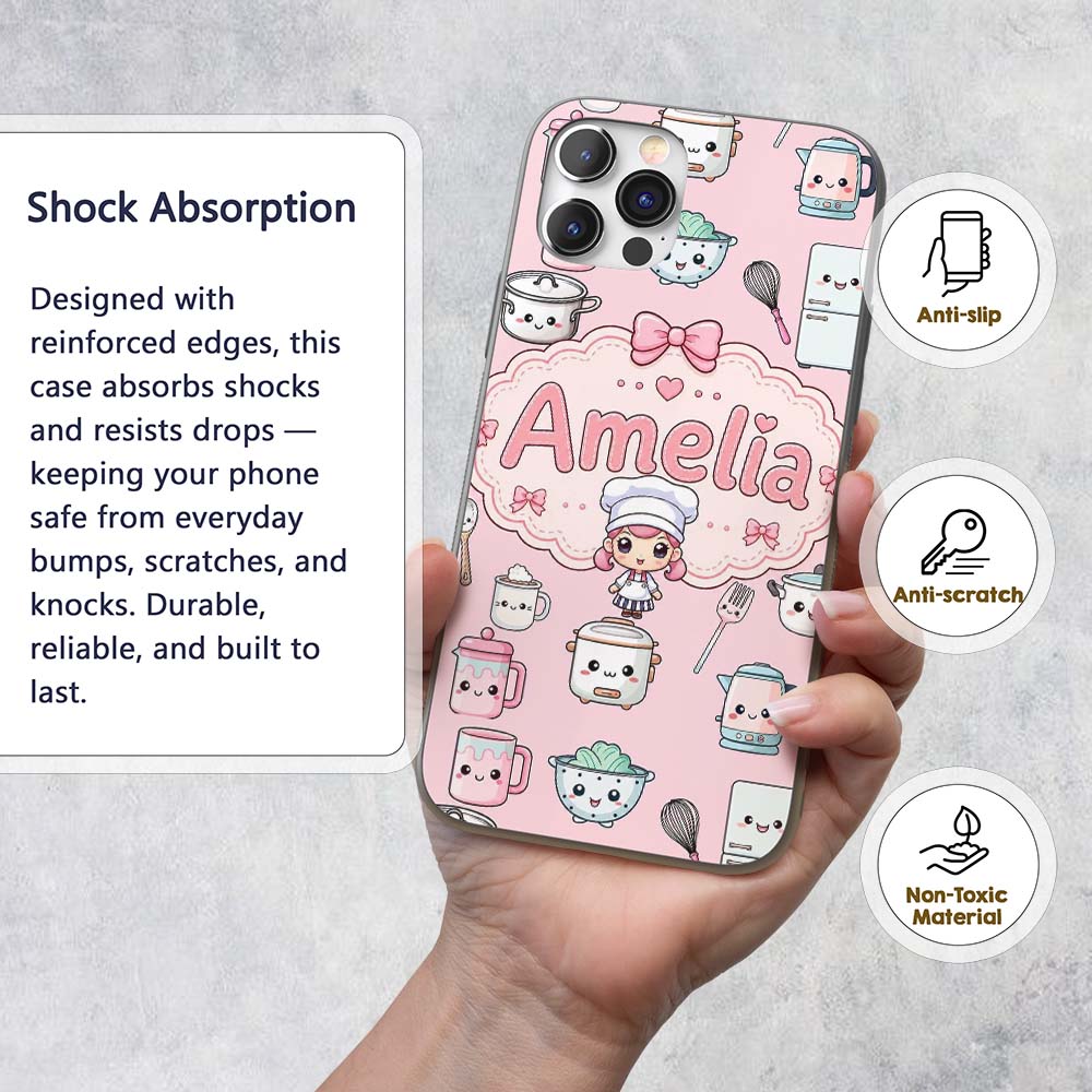 Kawaii Chef Girl Cooking Utensils Printed Design Custom Name Protective Phone Case Mobile Cover Durable Everyday Smartphone Shock Resistant