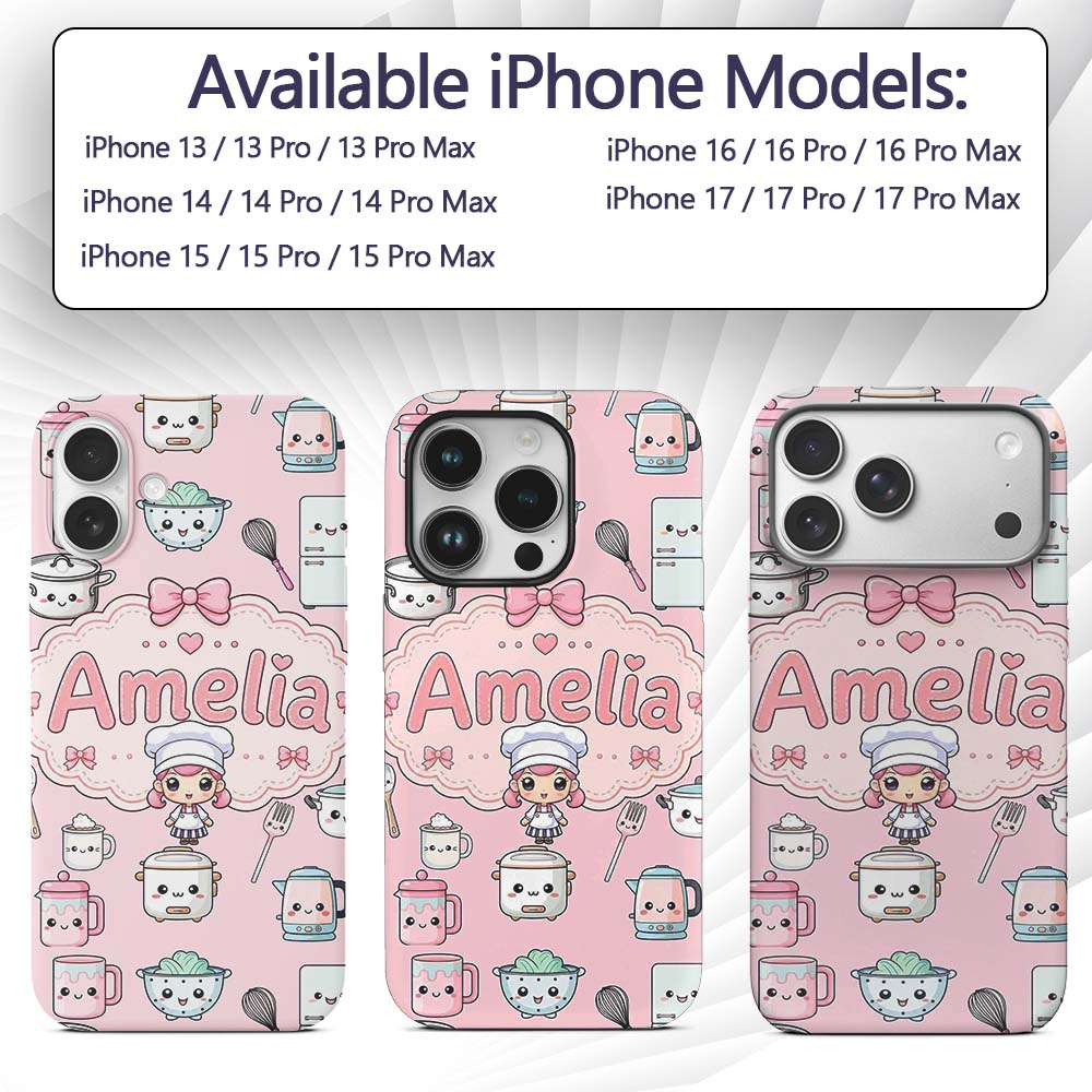 Kawaii Chef Girl Cooking Utensils Printed Design Custom Name Protective Phone Case Mobile Cover Durable Everyday Smartphone Shock Resistant