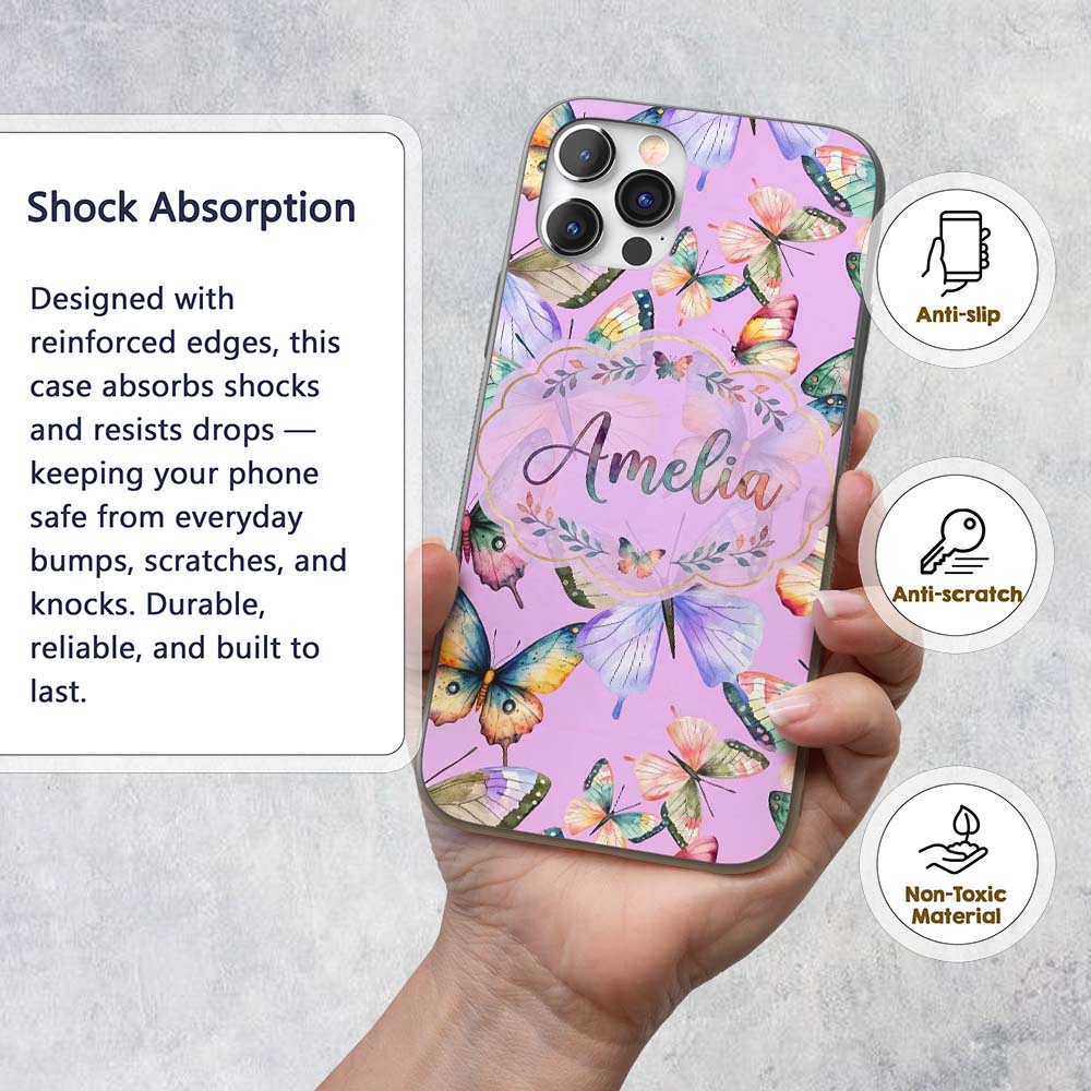 Pastel Watercolor Butterflies Lavender Background Custom Name Protective Phone Case Mobile Cover Durable Everyday Smartphone Shock Resistant