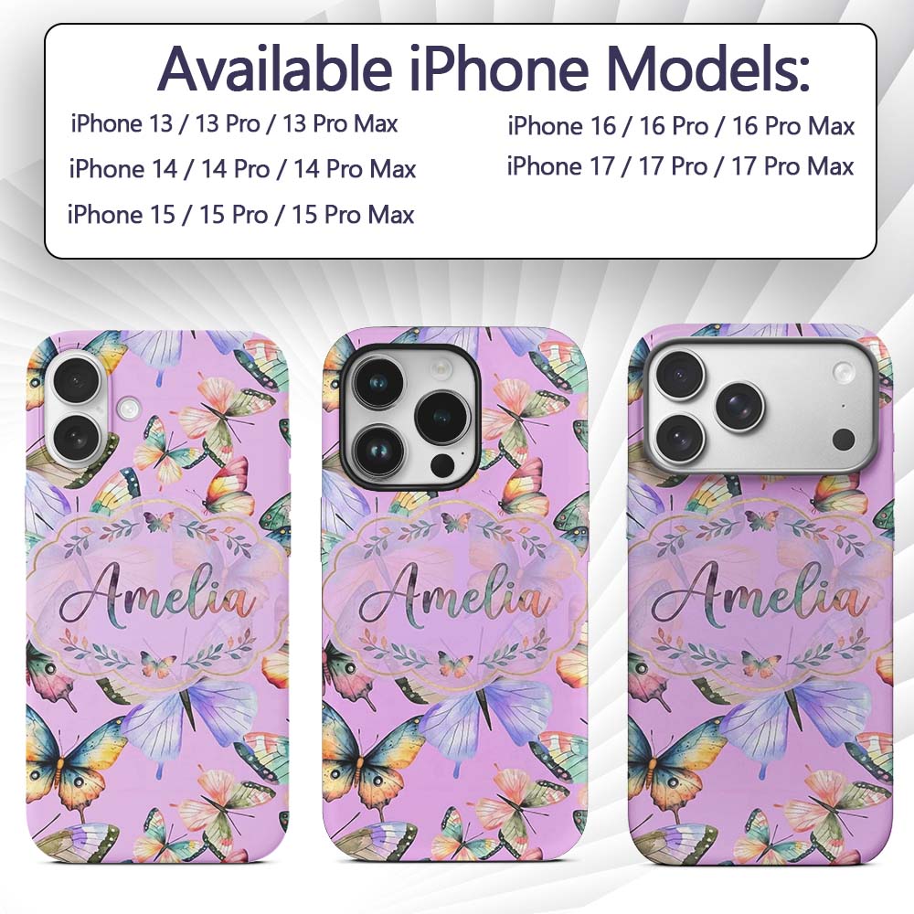 Pastel Watercolor Butterflies Lavender Background Custom Name Protective Phone Case Mobile Cover Durable Everyday Smartphone Shock Resistant