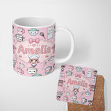 Personalized Custom Name Kawaii Kitchen Chef Girl Cooking Utensils on Soft Pink Seamless 11oz Ceramic Coffee Tea Mug White Large Handle