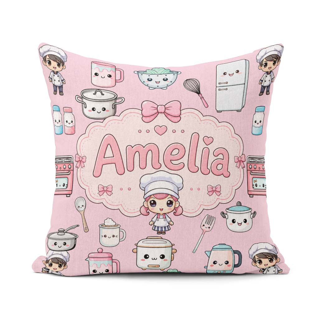 Custom Name Kawaii Chef Girl Cooking Utensils Soft Pink Seamless Square Filled Cushion Throw Pillow Sofa Bed Home Decor Zip Washable UK Made