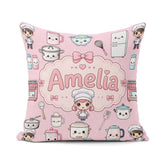 Custom Name Kawaii Chef Girl Cooking Utensils Soft Pink Seamless Square Filled Cushion Throw Pillow Sofa Bed Home Decor Zip Washable UK Made