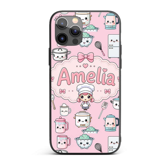 Kawaii Chef Girl Cooking Utensils on Soft Pink Custom Name Protective Phone Case Mobile Cover Durable Everyday Smartphone Shock Resistant