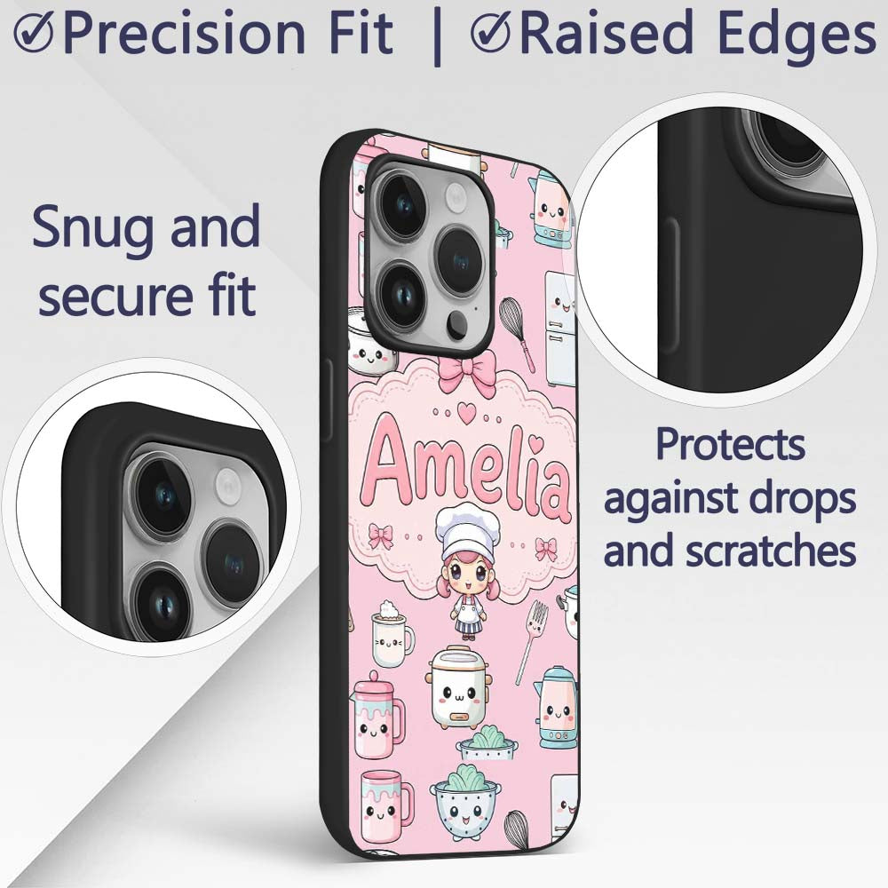 Kawaii Chef Girl Cooking Utensils on Soft Pink Custom Name Protective Phone Case Mobile Cover Durable Everyday Smartphone Shock Resistant