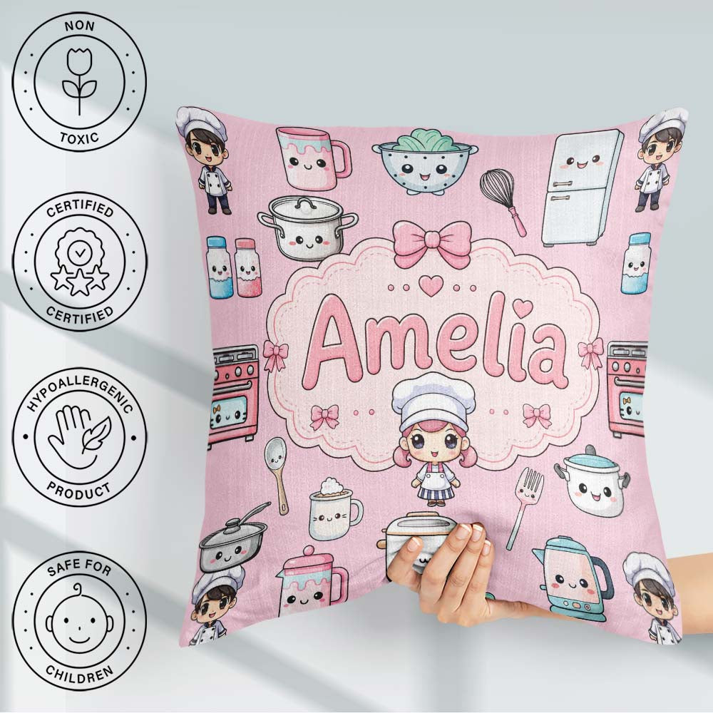 Custom Name Kawaii Chef Girl Cooking Utensils Soft Pink Seamless Square Filled Cushion Throw Pillow Sofa Bed Home Decor Zip Washable UK Made