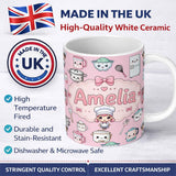 Personalized Custom Name Kawaii Kitchen Chef Girl Cooking Utensils on Soft Pink Seamless 11oz Ceramic Coffee Tea Mug White Large Handle