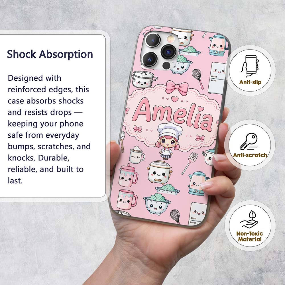 Kawaii Chef Girl Cooking Utensils on Soft Pink Custom Name Protective Phone Case Mobile Cover Durable Everyday Smartphone Shock Resistant