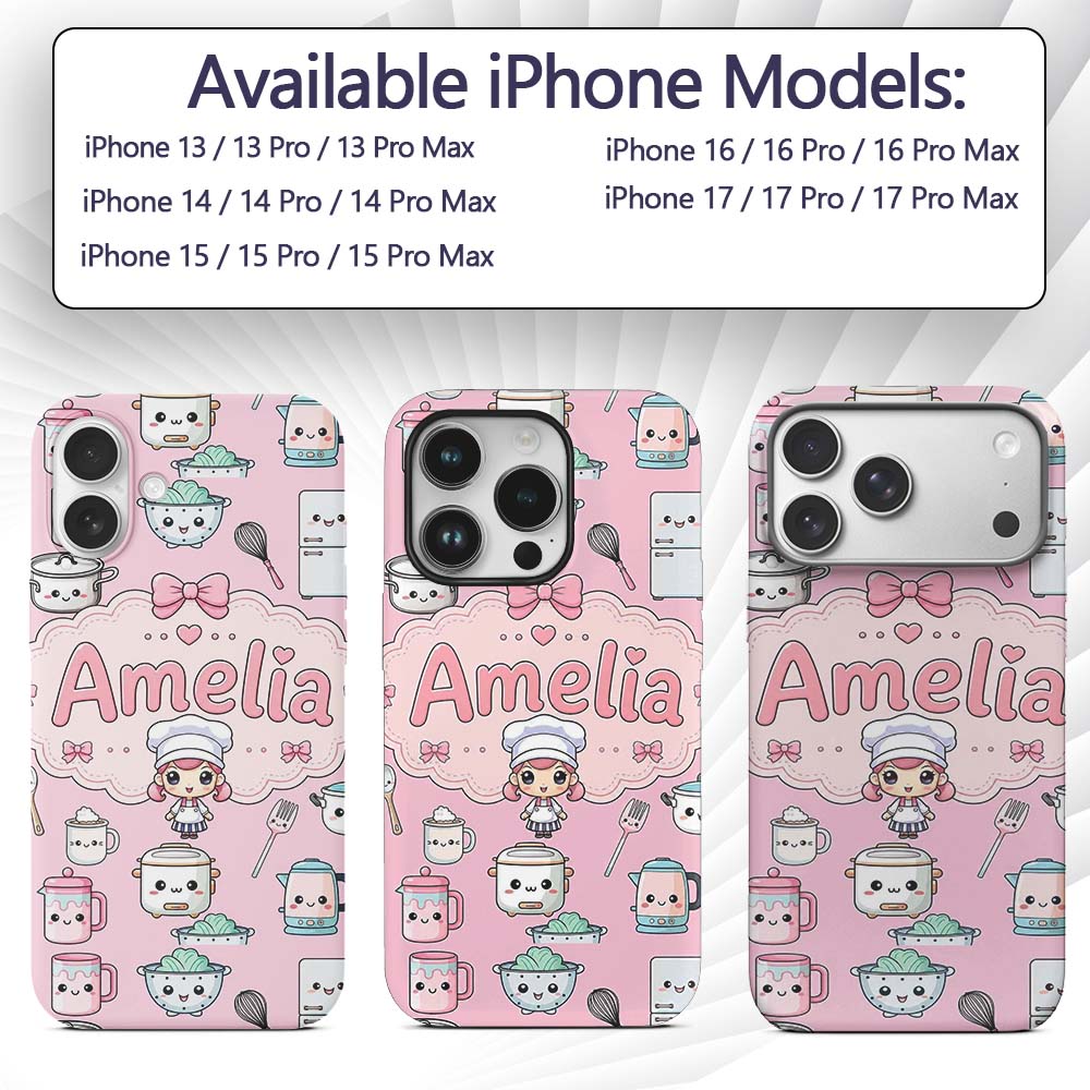 Kawaii Chef Girl Cooking Utensils on Soft Pink Custom Name Protective Phone Case Mobile Cover Durable Everyday Smartphone Shock Resistant