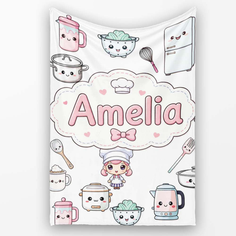 Cute Kawaii Chef Girl Cooking Utensils Grey Background Seamless  Personalised Custom Name Super Soft Fleece Blanket Bed Sofa Throw