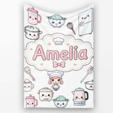 Cute Kawaii Chef Girl Cooking Utensils Grey Background Seamless  Personalised Custom Name Super Soft Fleece Blanket Bed Sofa Throw