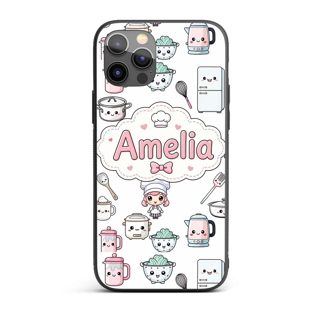 Cute Kawaii Chef Girl Cooking Printed Design Custom Name Protective Phone Case Mobile Cover Durable Everyday Smartphone Shock Resistant