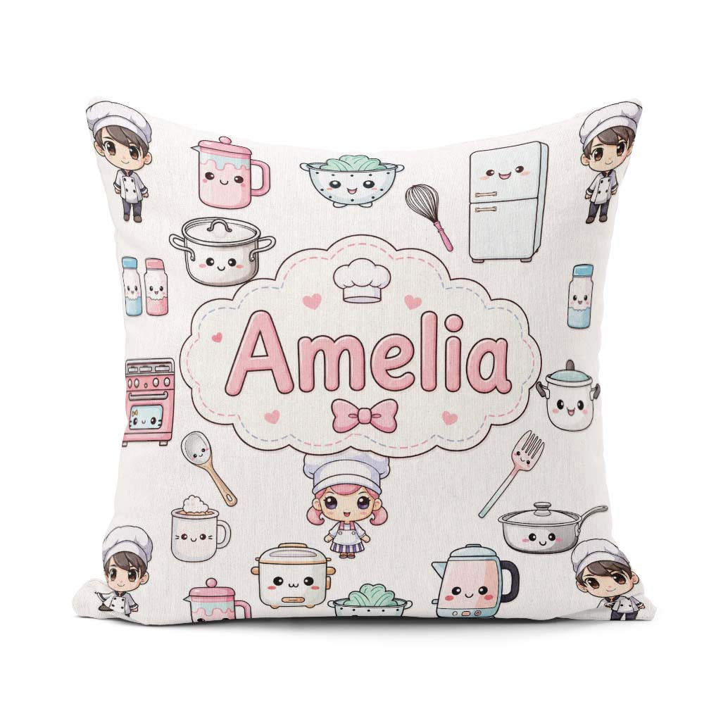 Custom Name Cute Kawaii Chef Girl Cooking Utensils Grey Seamless Square Filled Cushion Throw Pillow Sofa Bed Home Decor Zip Washable UK Made