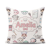 Custom Name Cute Kawaii Chef Girl Cooking Utensils Grey Seamless Square Filled Cushion Throw Pillow Sofa Bed Home Decor Zip Washable UK Made