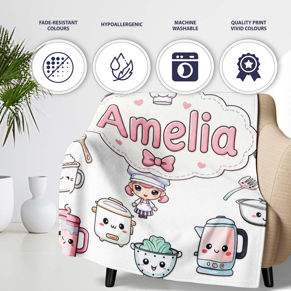 Cute Kawaii Chef Girl Cooking Utensils Grey Background Seamless  Personalised Custom Name Super Soft Fleece Blanket Bed Sofa Throw