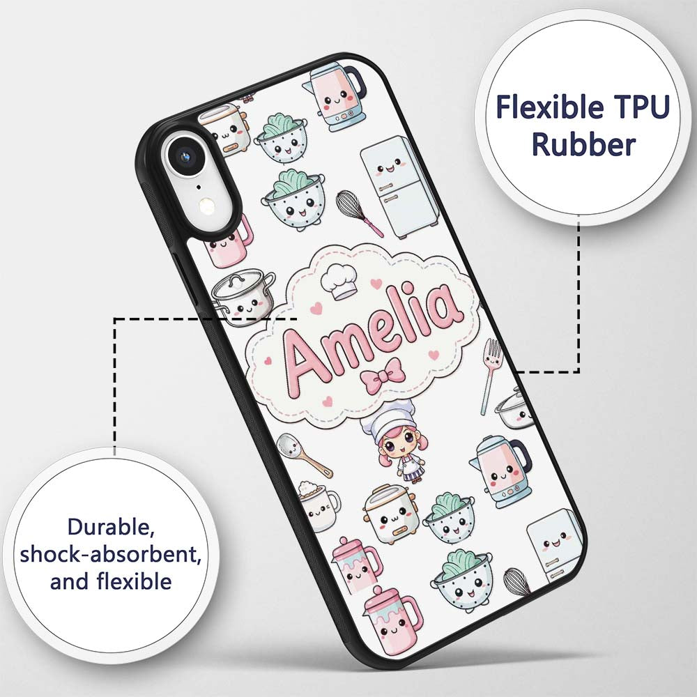 Cute Kawaii Chef Girl Cooking Printed Design Custom Name Protective Phone Case Mobile Cover Durable Everyday Smartphone Shock Resistant
