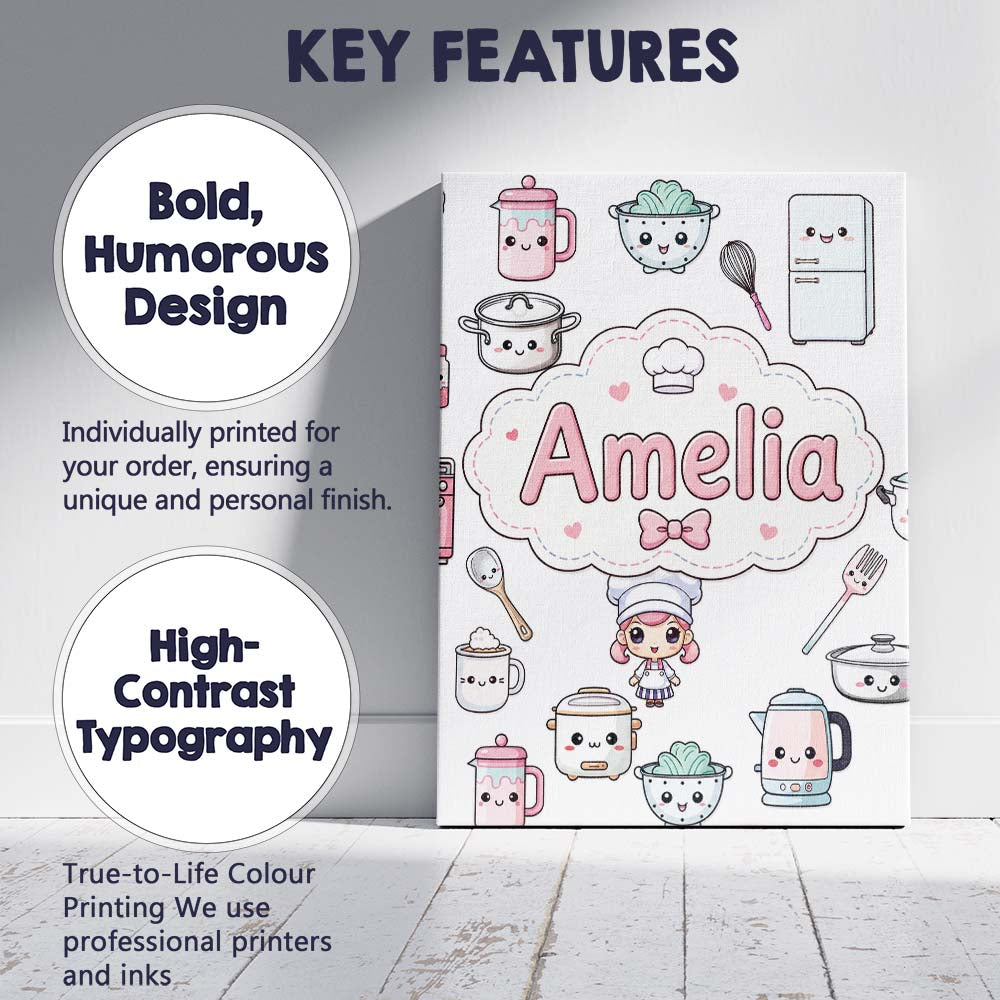 Personalised Name Cute Kawaii Chef Girl Custom  Modern Room Accent Elegant Feature Canvas Wall Art Print Decor Picture Ready to Hang