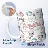 Personalized Custom Name Cute Kawaii Chef Girl Cooking Utensils Grey Background Seamless 11oz Ceramic Coffee Tea Mug White Large Handle
