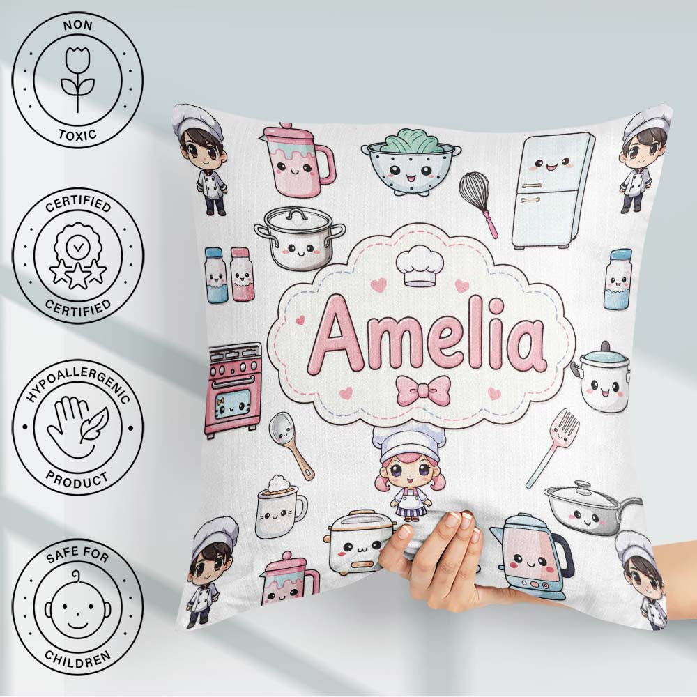 Custom Name Cute Kawaii Chef Girl Cooking Utensils Grey Seamless Square Filled Cushion Throw Pillow Sofa Bed Home Decor Zip Washable UK Made