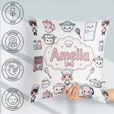 Custom Name Cute Kawaii Chef Girl Cooking Utensils Grey Seamless Square Filled Cushion Throw Pillow Sofa Bed Home Decor Zip Washable UK Made