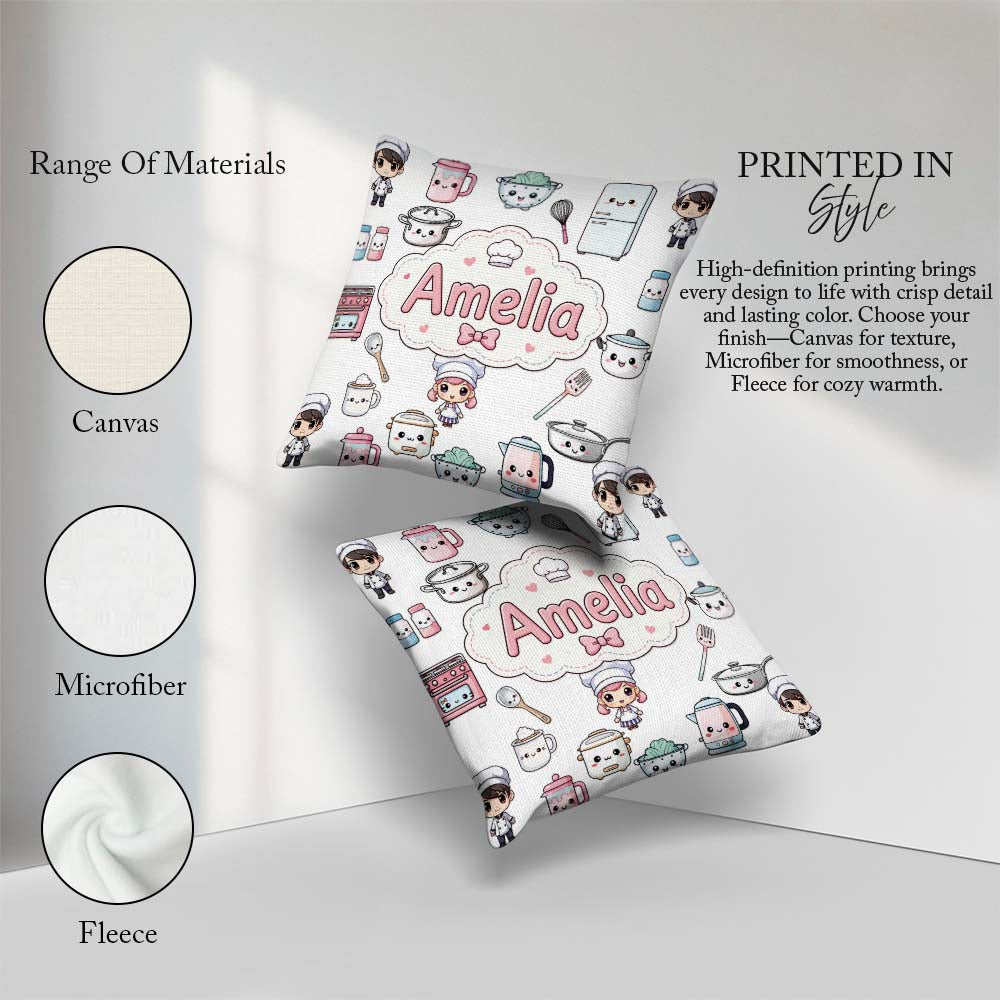 Custom Name Cute Kawaii Chef Girl Cooking Utensils Grey Seamless Square Filled Cushion Throw Pillow Sofa Bed Home Decor Zip Washable UK Made