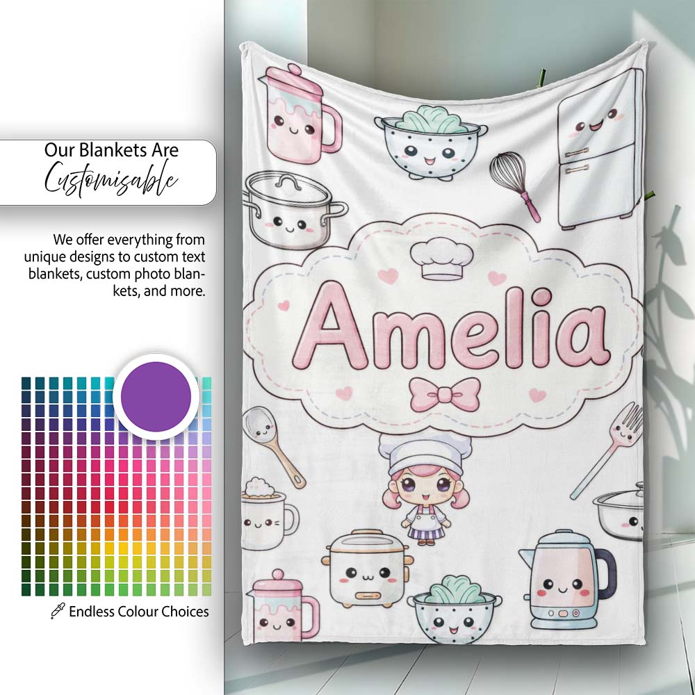 Cute Kawaii Chef Girl Cooking Utensils Grey Background Seamless  Personalised Custom Name Super Soft Fleece Blanket Bed Sofa Throw