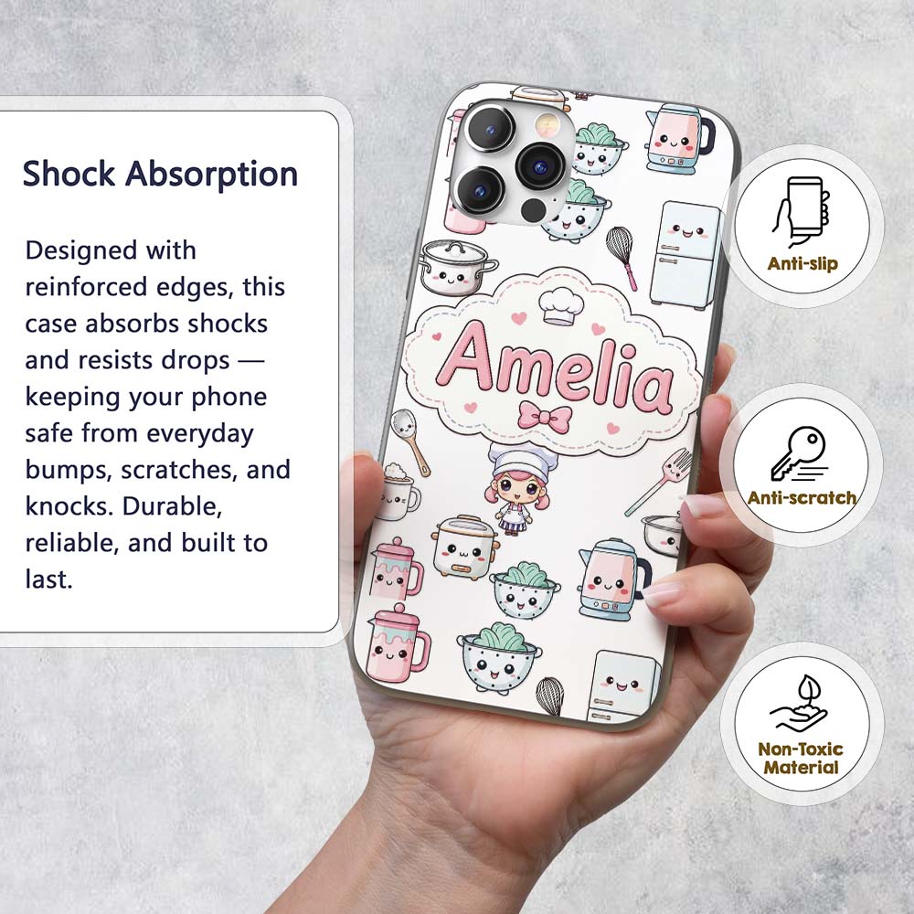 Cute Kawaii Chef Girl Cooking Printed Design Custom Name Protective Phone Case Mobile Cover Durable Everyday Smartphone Shock Resistant