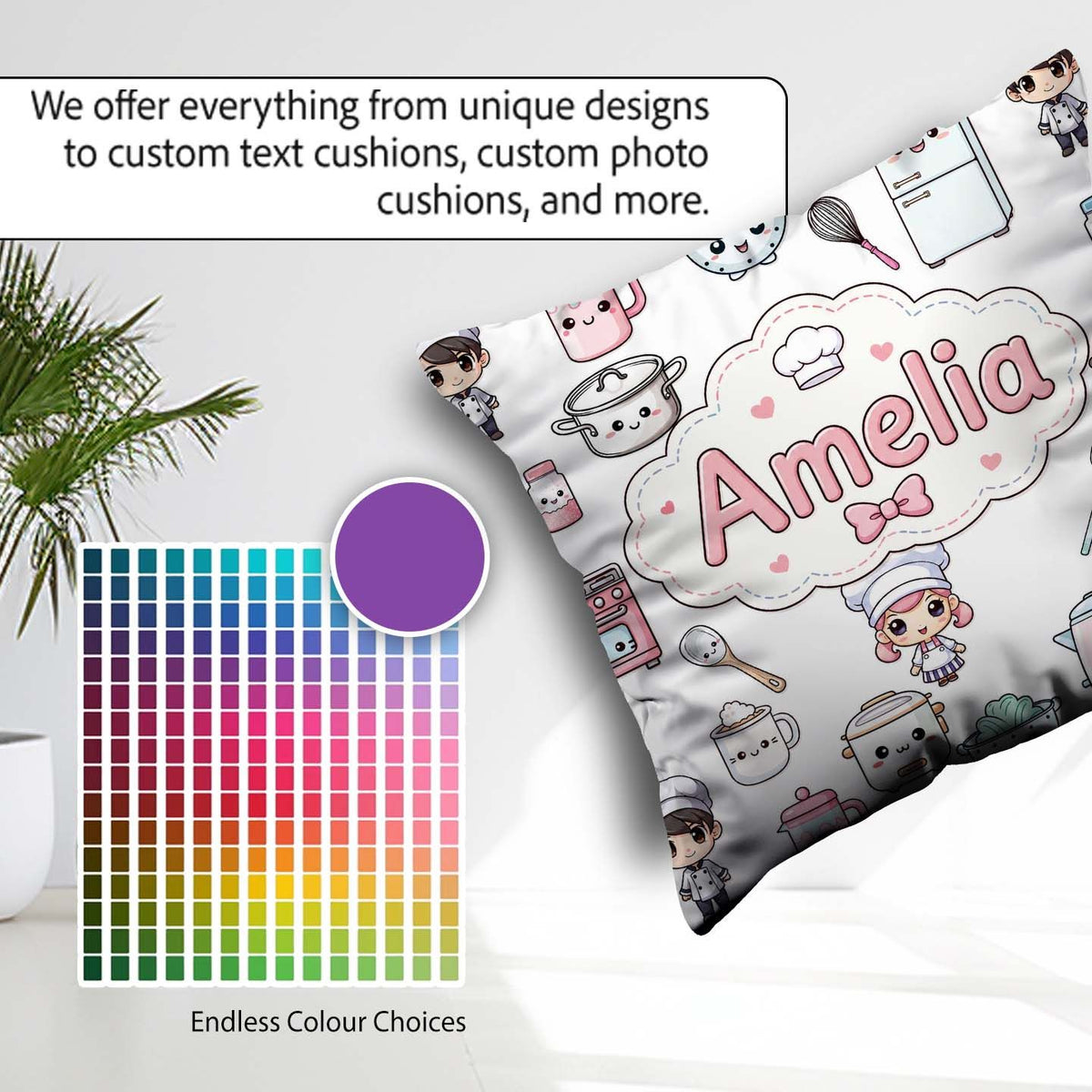 Custom Name Cute Kawaii Chef Girl Cooking Utensils Grey Seamless Square Filled Cushion Throw Pillow Sofa Bed Home Decor Zip Washable UK Made