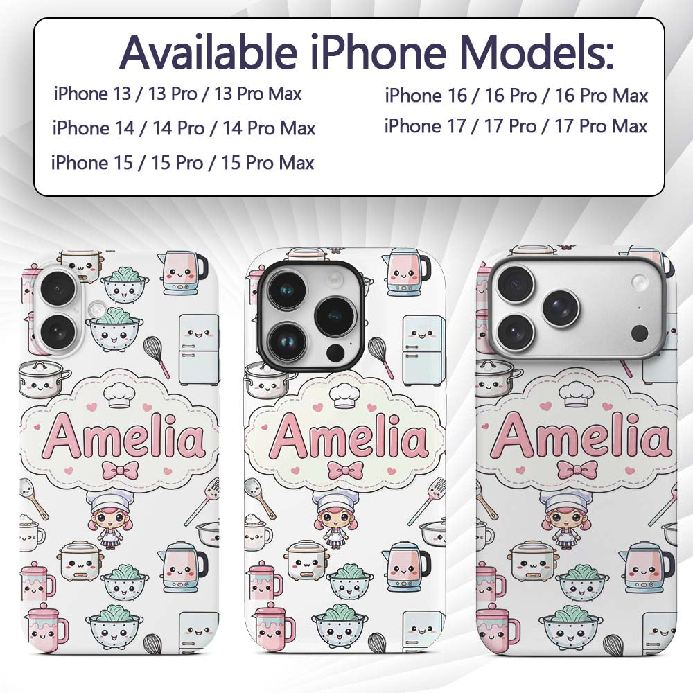 Cute Kawaii Chef Girl Cooking Printed Design Custom Name Protective Phone Case Mobile Cover Durable Everyday Smartphone Shock Resistant