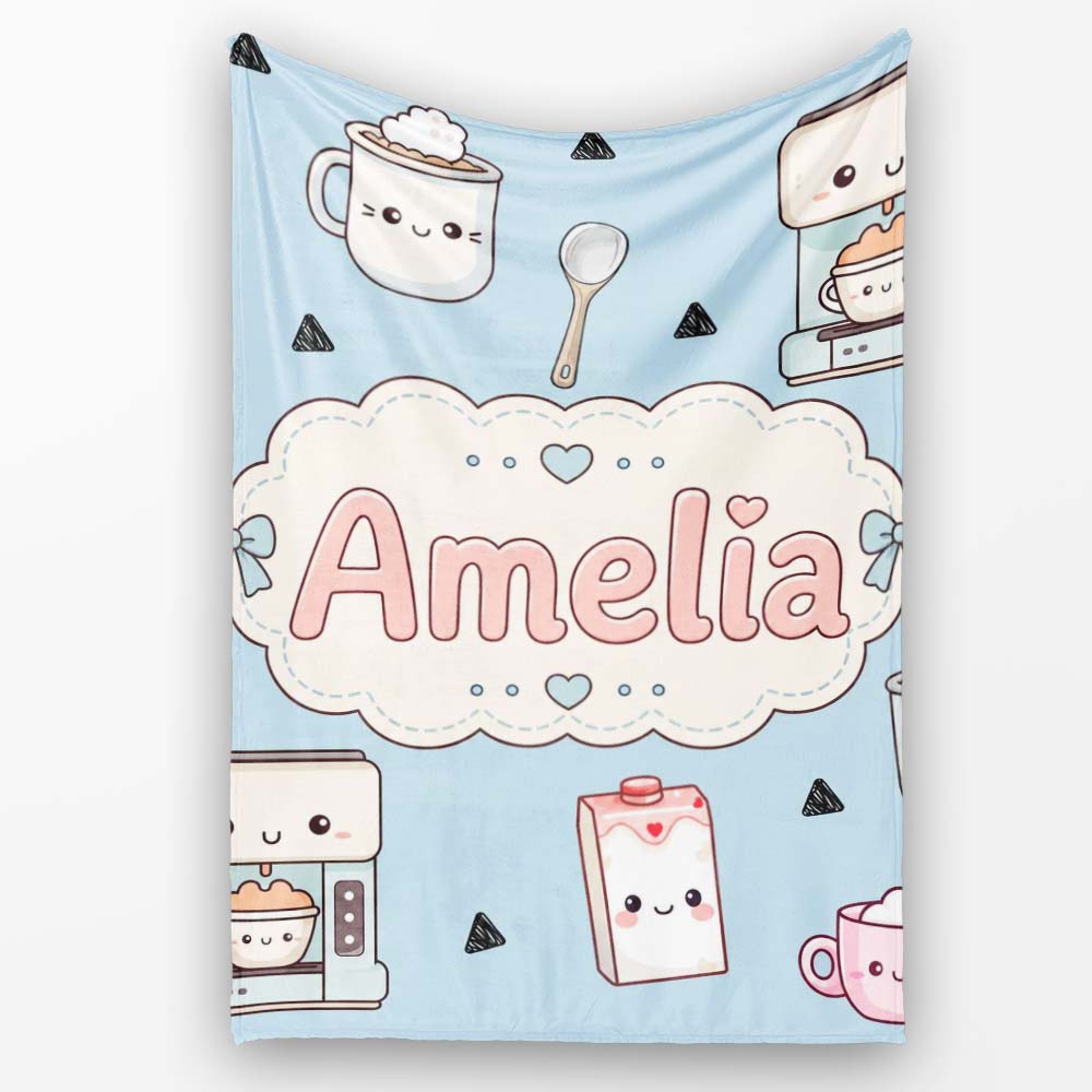 Cute Kawaii Coffee Maker Milk Carton Cups Blue Background Seamless  Personalised Custom Name Super Soft Fleece Blanket Bed Sofa Throw