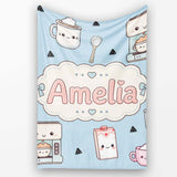 Cute Kawaii Coffee Maker Milk Carton Cups Blue Background Seamless  Personalised Custom Name Super Soft Fleece Blanket Bed Sofa Throw