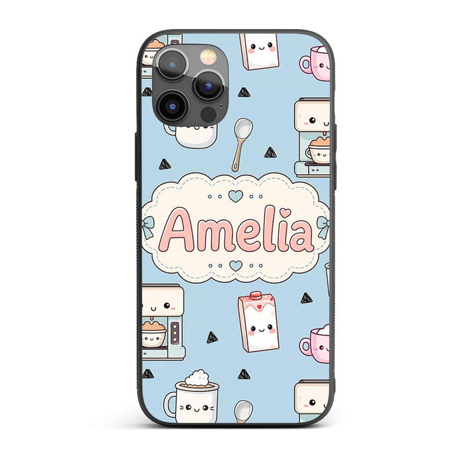 Cute Kawaii Coffee Maker Milk Carton Cups Blue Custom Name Protective Phone Case Mobile Cover Durable Everyday Smartphone Shock Resistant