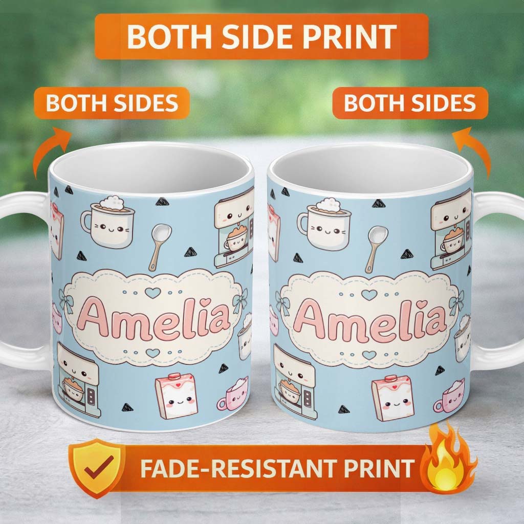 Personalized Custom Name Cute Kawaii Coffee Maker Milk Carton Cups Blue Background Seamless 11oz Ceramic Coffee Tea Mug White Large Handle