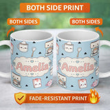 Personalized Custom Name Cute Kawaii Coffee Maker Milk Carton Cups Blue Background Seamless 11oz Ceramic Coffee Tea Mug White Large Handle