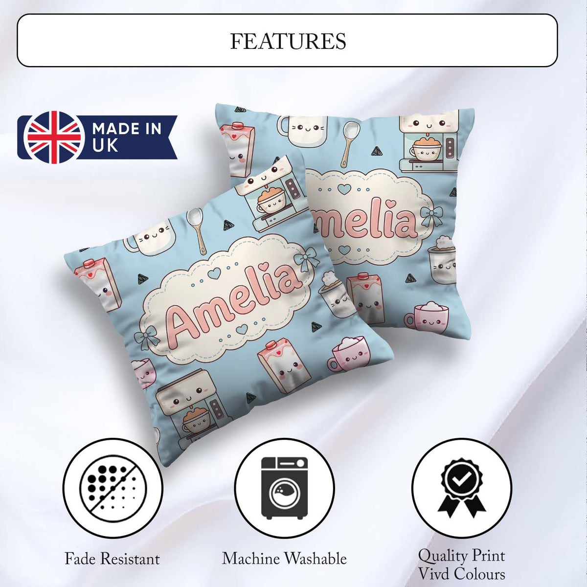 Custom Name Cute Kawaii Maker Milk Cups Blue Background Seamless Square Filled Cushion Throw Pillow Sofa Bed Home Decor Zip Washable UK Made