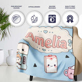 Cute Kawaii Coffee Maker Milk Carton Cups Blue Background Seamless  Personalised Custom Name Super Soft Fleece Blanket Bed Sofa Throw