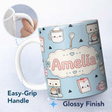 Personalized Custom Name Cute Kawaii Coffee Maker Milk Carton Cups Blue Background Seamless 11oz Ceramic Coffee Tea Mug White Large Handle