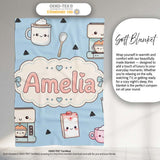 Cute Kawaii Coffee Maker Milk Carton Cups Blue Background Seamless  Personalised Custom Name Super Soft Fleece Blanket Bed Sofa Throw