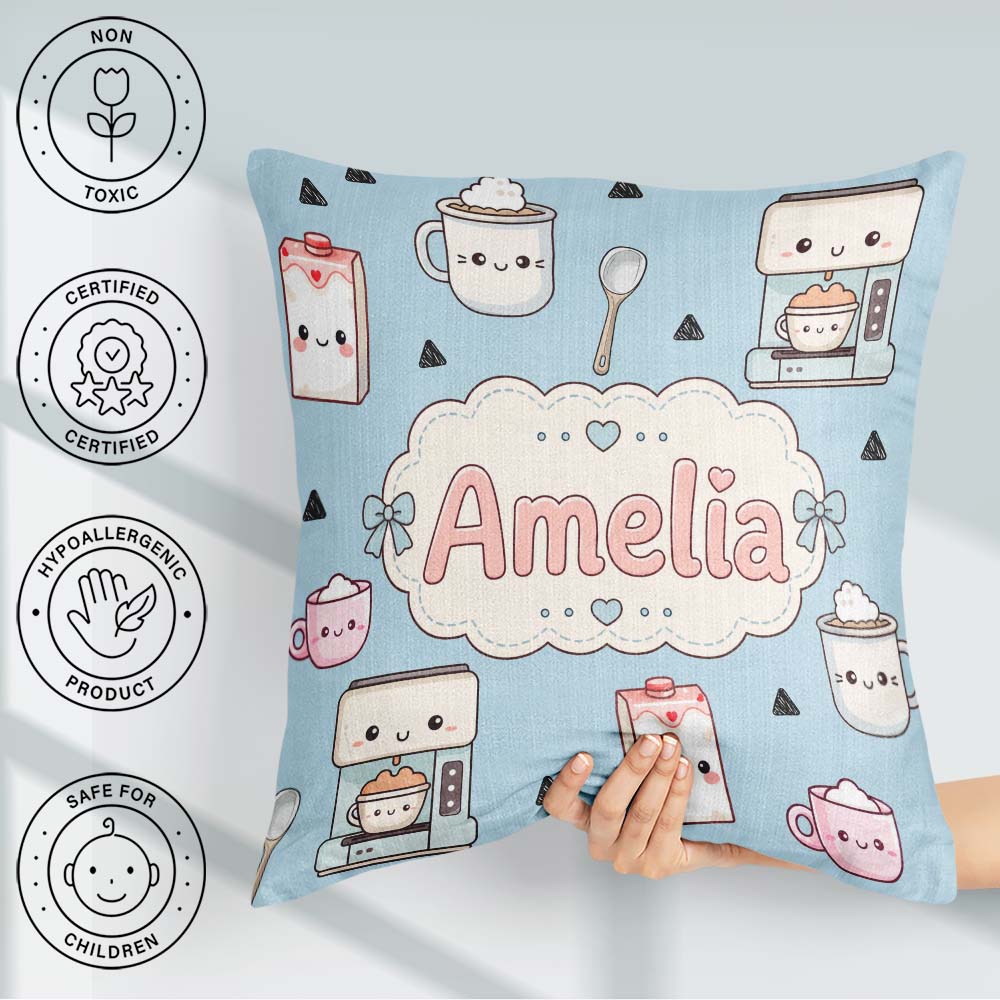 Custom Name Cute Kawaii Maker Milk Cups Blue Background Seamless Square Filled Cushion Throw Pillow Sofa Bed Home Decor Zip Washable UK Made