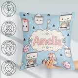 Custom Name Cute Kawaii Maker Milk Cups Blue Background Seamless Square Filled Cushion Throw Pillow Sofa Bed Home Decor Zip Washable UK Made