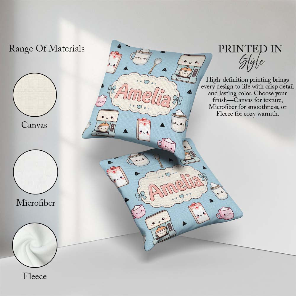 Custom Name Cute Kawaii Maker Milk Cups Blue Background Seamless Square Filled Cushion Throw Pillow Sofa Bed Home Decor Zip Washable UK Made