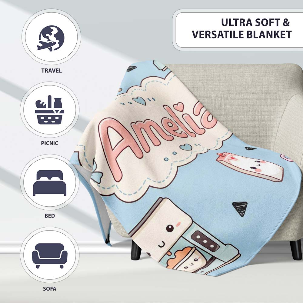 Cute Kawaii Coffee Maker Milk Carton Cups Blue Background Seamless  Personalised Custom Name Super Soft Fleece Blanket Bed Sofa Throw