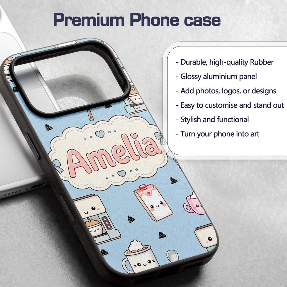 Cute Kawaii Coffee Maker Milk Carton Cups Blue Custom Name Protective Phone Case Mobile Cover Durable Everyday Smartphone Shock Resistant