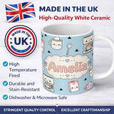 Personalized Custom Name Cute Kawaii Coffee Maker Milk Carton Cups Blue Background Seamless 11oz Ceramic Coffee Tea Mug White Large Handle