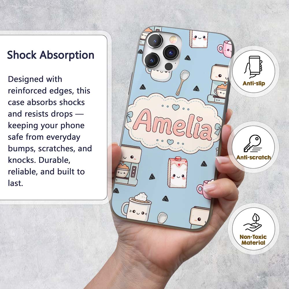 Cute Kawaii Coffee Maker Milk Carton Cups Blue Custom Name Protective Phone Case Mobile Cover Durable Everyday Smartphone Shock Resistant